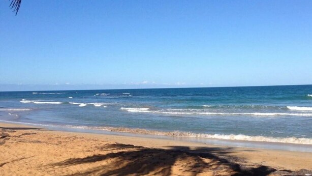 Una playa con cielos despejados y olas tranquilas.