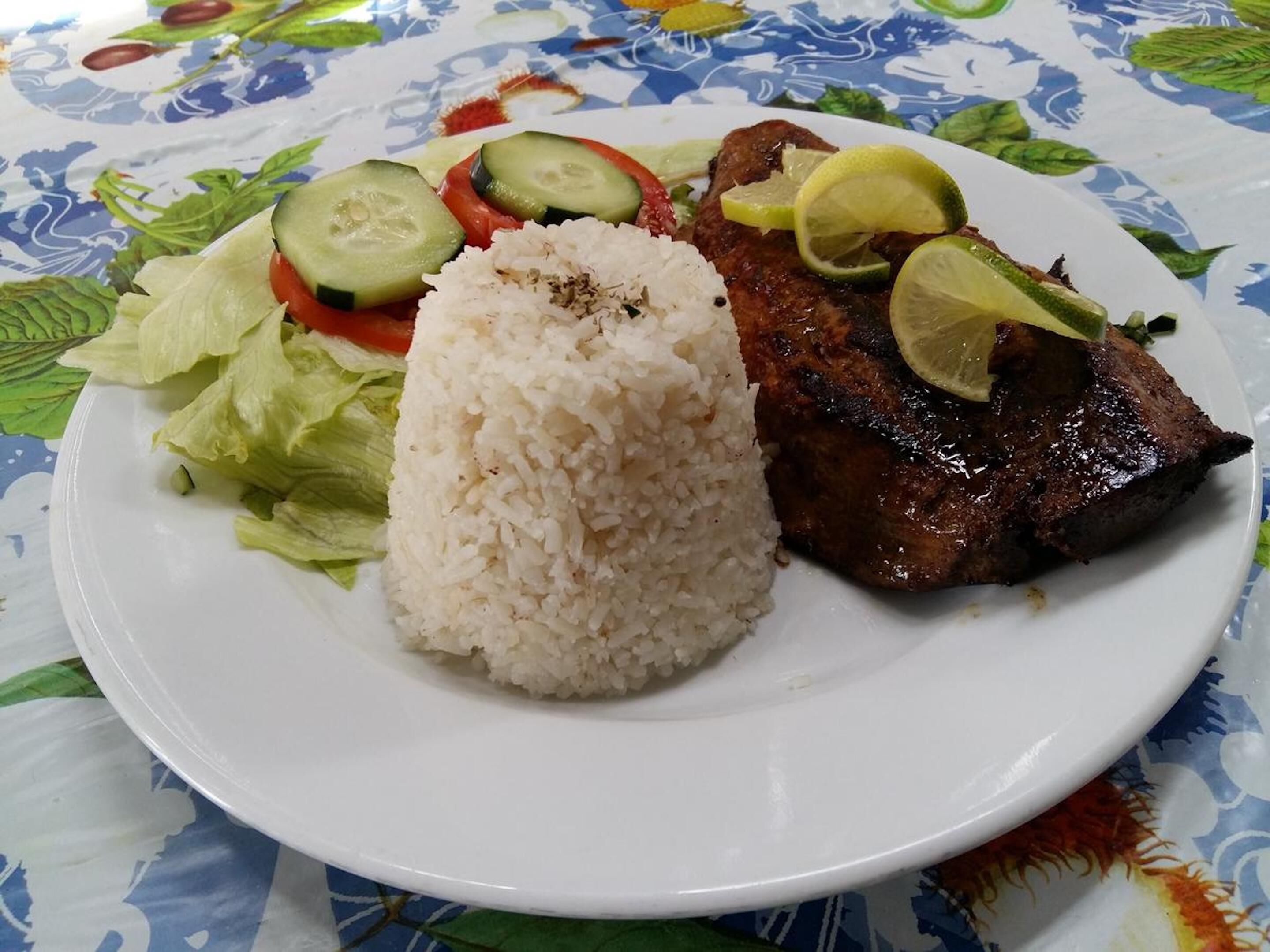 Un plato con carne a la parrilla, arroz y una ensalada.