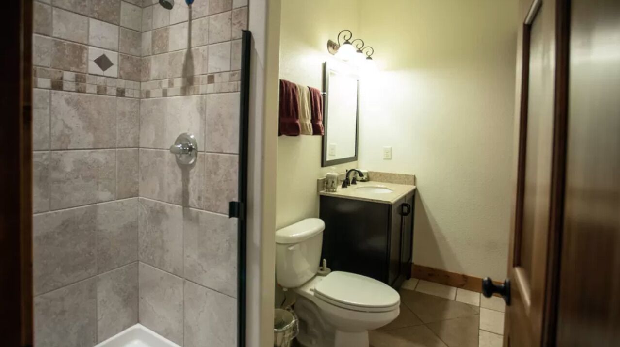 Un baño con ducha, inodoro, lavabo y espejo.