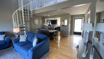 TV connectée, cheminée, livres, chaßne hi-fi