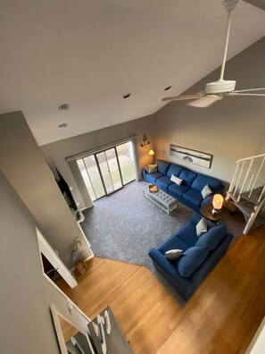 Smart TV, fireplace, books, stereo