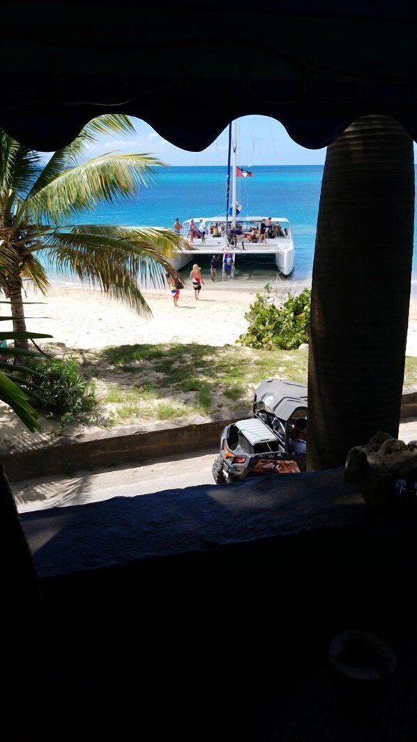 A beach view with a boat, palm trees, and a parked vehicle.