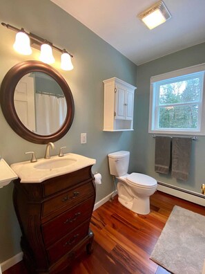 A bathroom with a vanity, sink, mirror, toilet, cabinet, and a window with a view of trees. - Gorgeous Retreat w/ 3 Spacious BRs & Decks, set on beautiful private acre! (Thornton)