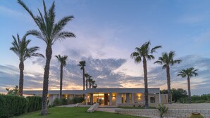 A modern house with a well-maintained lawn, palm trees, and a stone wall. - Venere, villa with private pool and  gym near the sea in Marina di Ragusa (Marina di Ragusa)