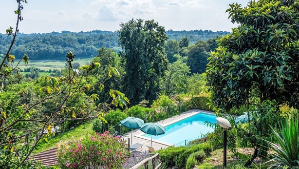 Ein Pool, umgeben von üppiger Vegetation mit Blick auf ferne Hügel.