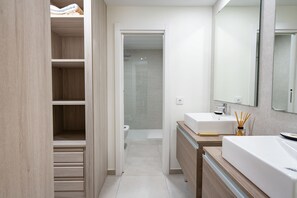Shower, hair dryer, bidet, towels