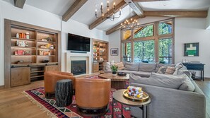 TV, fireplace, foosball, books