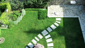 A well-maintained garden with a stone pathway leading to a circular seating area surrounded by lush greenery. - Nice apartment for 10 people with WIFI, TV, terrace, pets allowed and panoramic view (Dolcedo)
