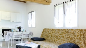Uma sala de estar acolhedora com um sofá estampado, uma mesa de jantar com cadeiras, uma área de cozinha e janelas amplas com cortinas.