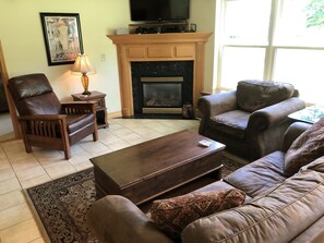 TV connectée, cheminée, lecteur de DVD, chaîne hi-fi