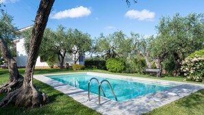 Une piscine rectangulaire avec un escalier en métal, entourée d’une pelouse bien entretenue et d’arbres.