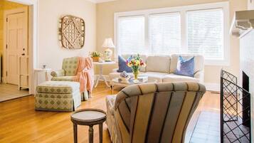 TV, fireplace, books