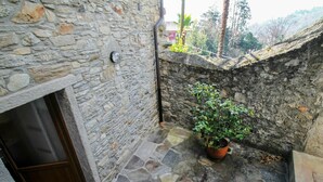 A stone-walled outdoor area with a potted plant, a window, and a stone floor.
