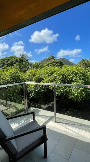 Un balcon doté d’une balustrade en verre, offrant une vue sur une végétation luxuriante et un ciel d’un bleu éclatant.