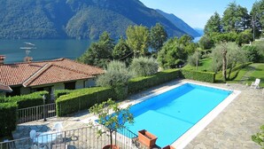 A swimming pool with a mountain backdrop, surrounded by well-maintained hedges and a stone patio.