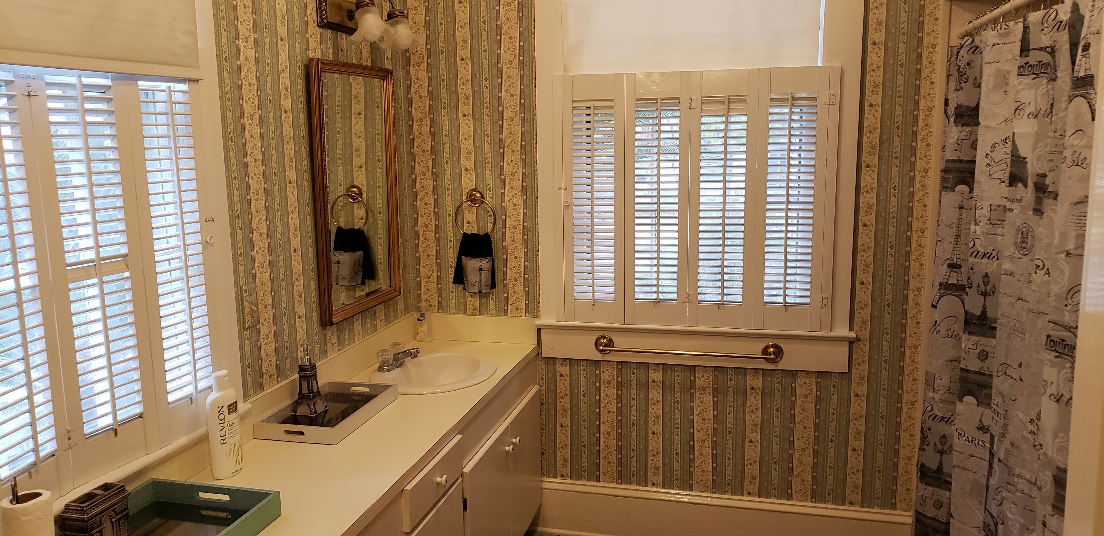 Combined shower/tub, hair dryer, towels, soap