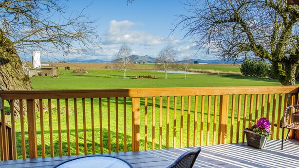 A deck with a table and chairs, overlooking a grassy field with a pond and distant mountains. - Farmhouse right off of I-5 (Tangent)