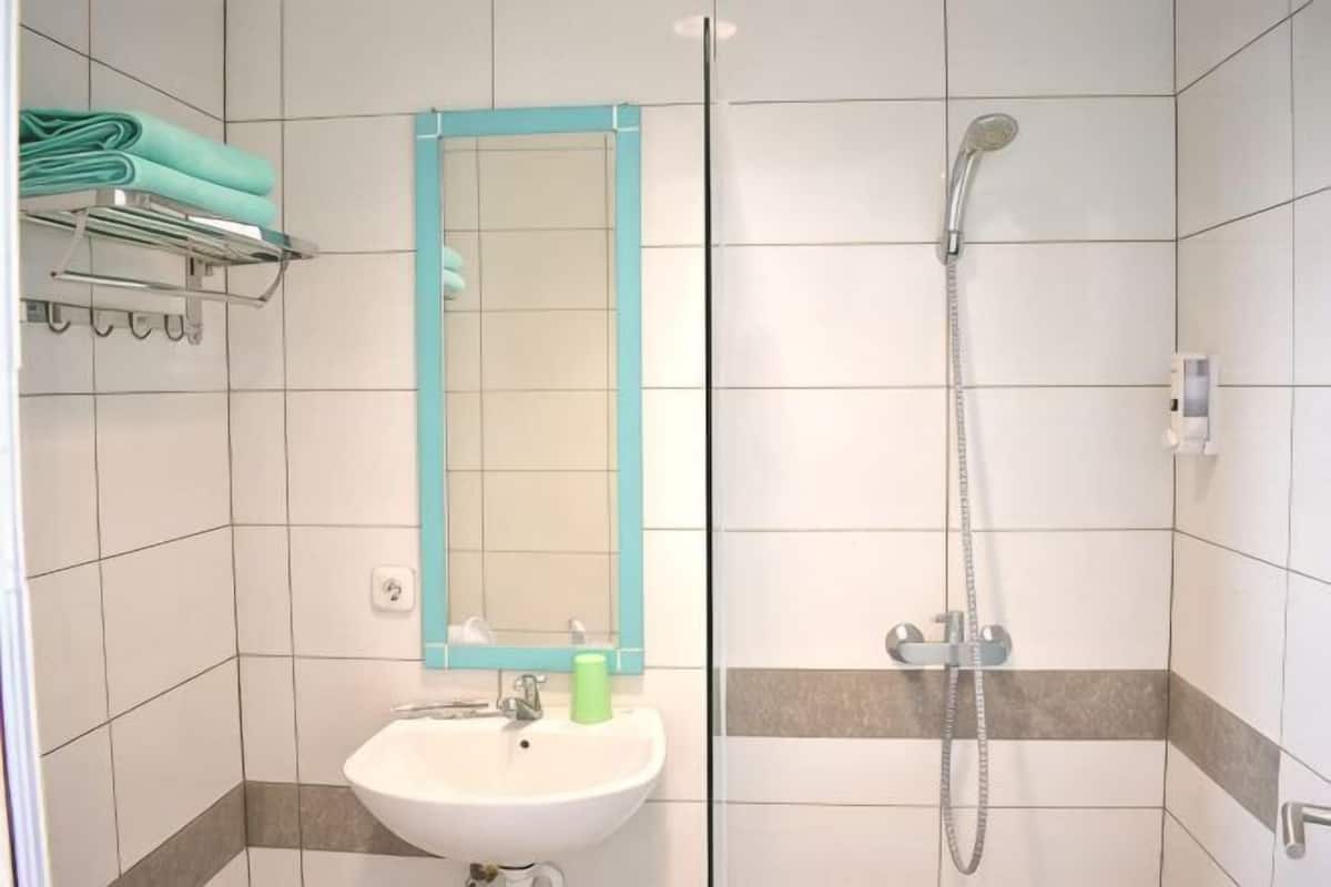 A bathroom with a sink, mirror, and shower.