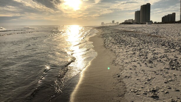 A beach with a city skyline in the background.