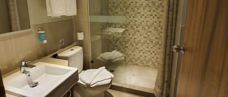 A modern bathroom with a glass-enclosed shower, a sink, and a toilet.