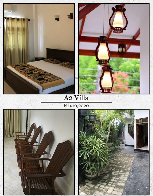 A bed with a patterned bedspread, a wooden chair with a backrest leaning against a wall, and a potted plant in a garden area. - A2 Villa (Ahangama)