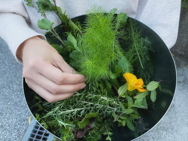 A person holding a bowl containing various herbs and a yellow flower.