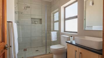 Shower, rainfall showerhead, free toiletries, hair dryer