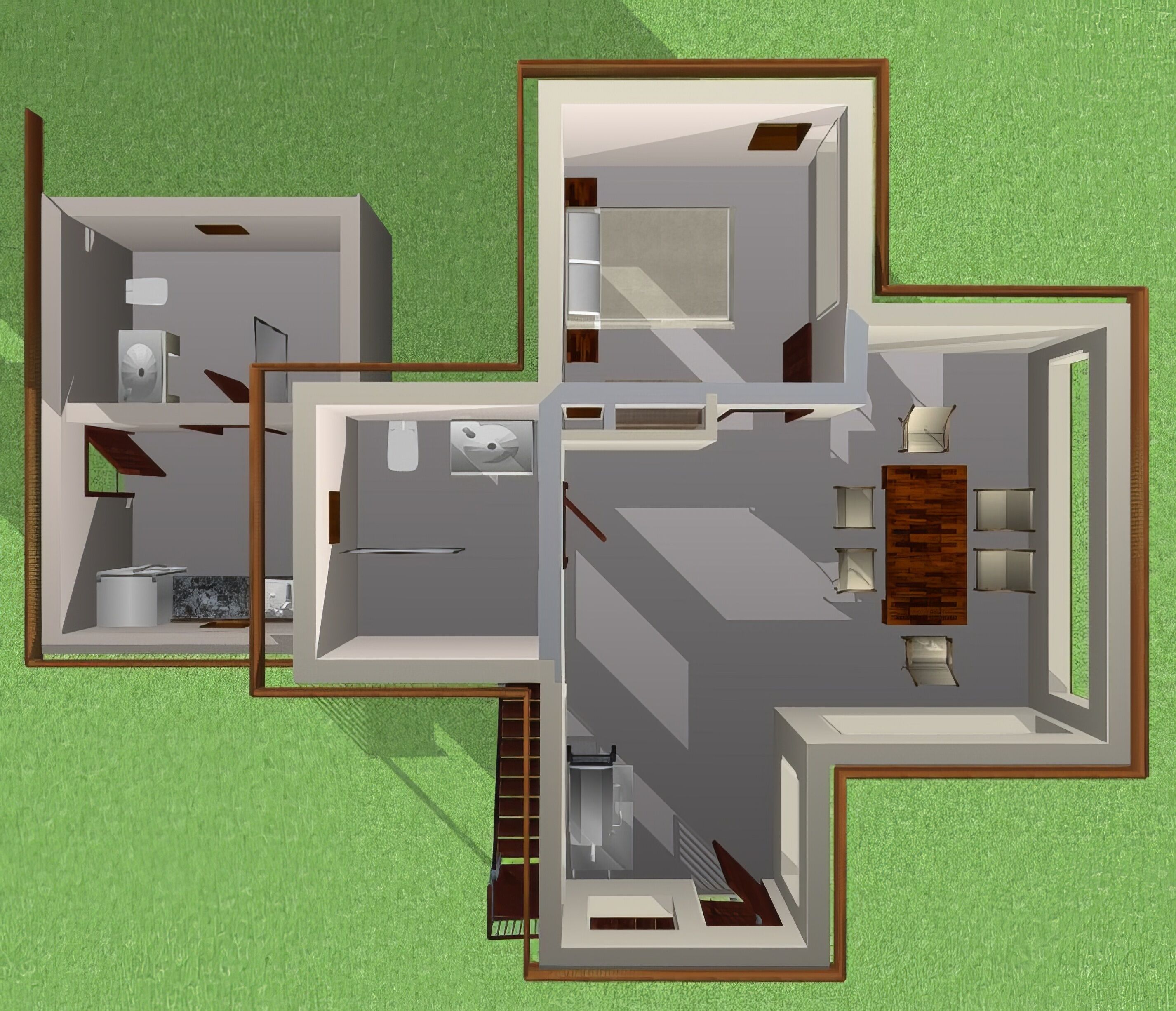 A floor plan of a house with a kitchen, dining area, living room, and two bedrooms.
