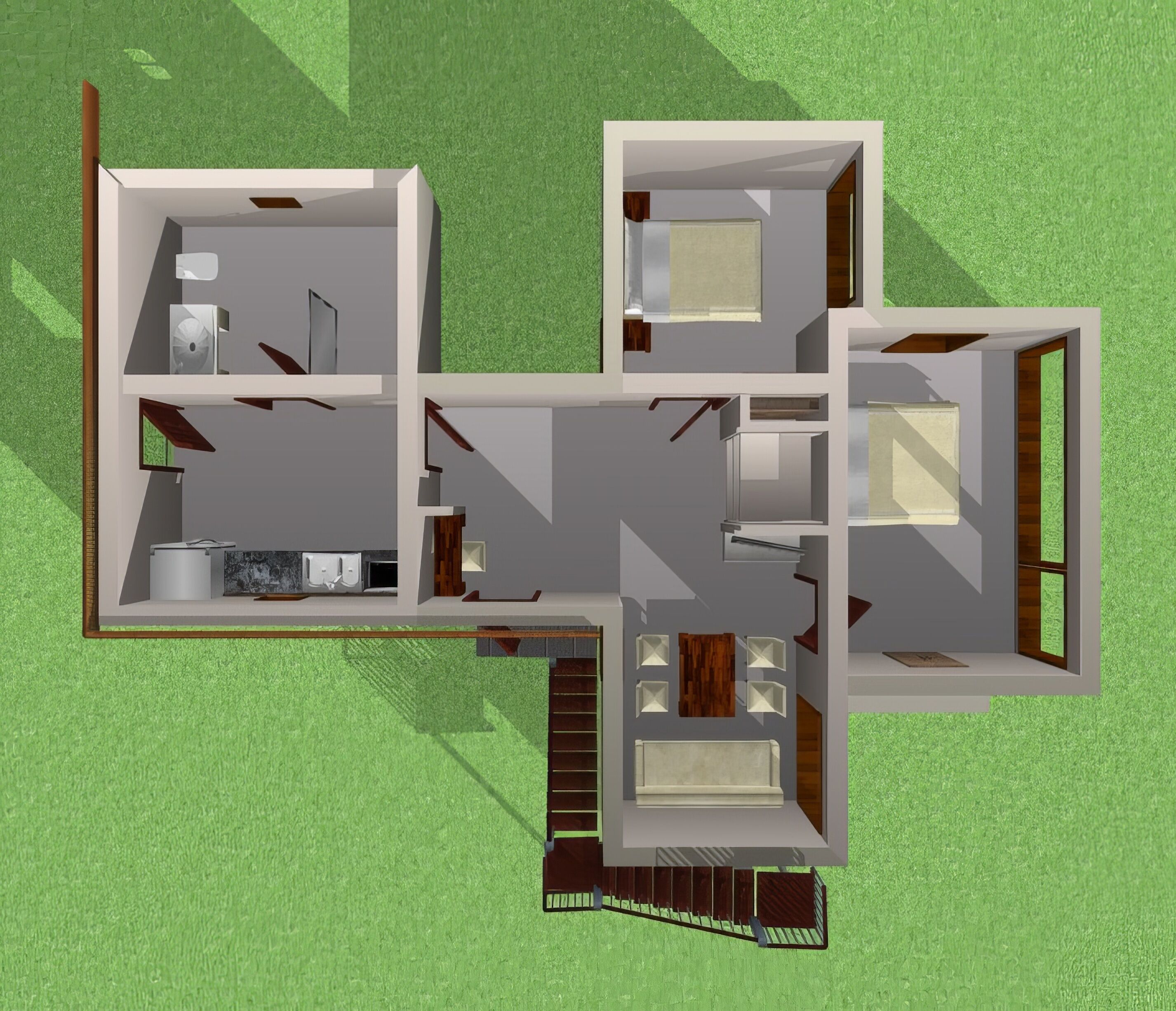 A 3D floor plan of a house with a kitchen, dining area, living room, and two bedrooms.