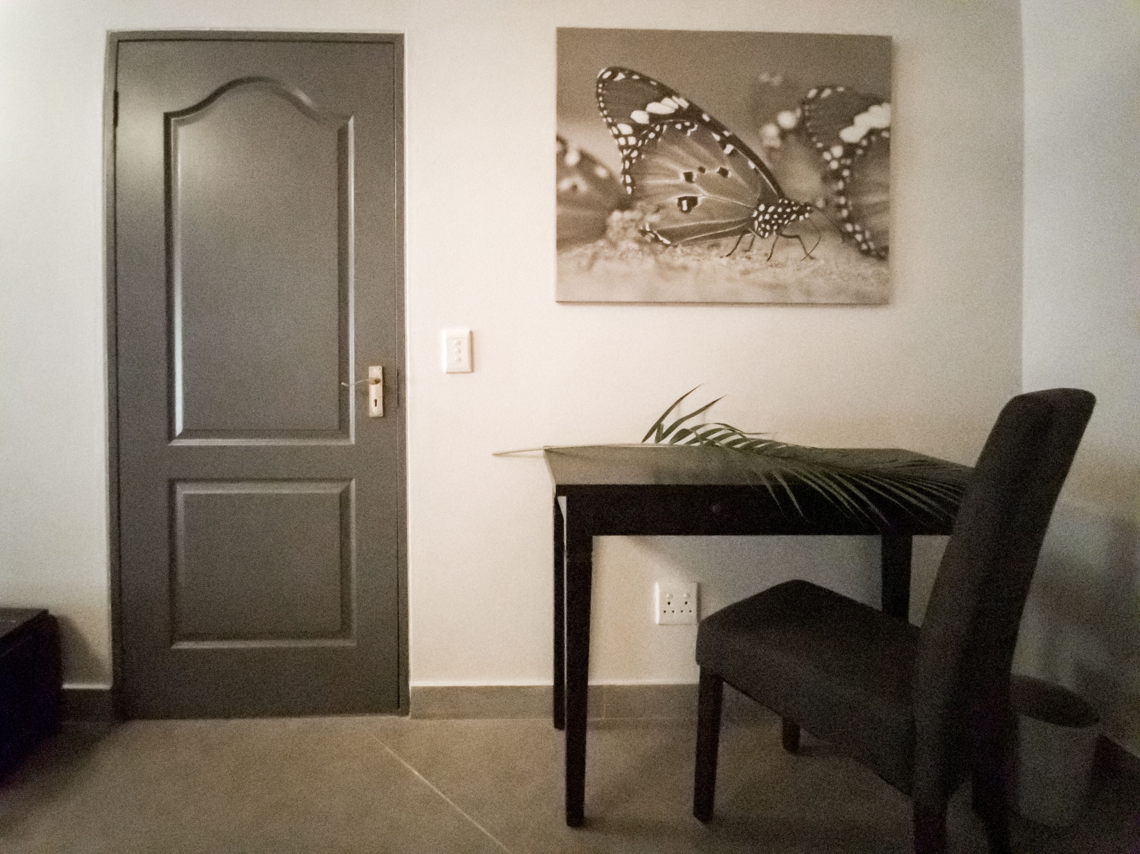 A room with a closed door, a table with a chair, and a butterfly wall art.