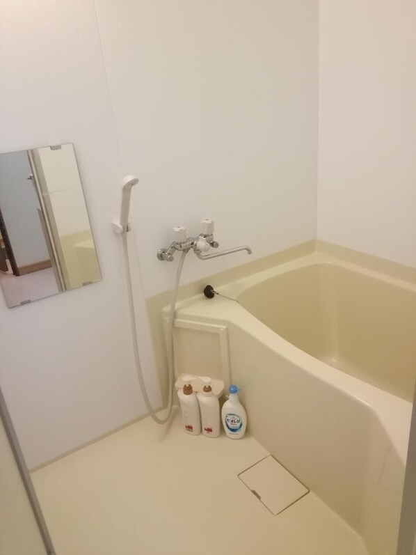 Combined shower/tub, free toiletries, hair dryer, slippers
