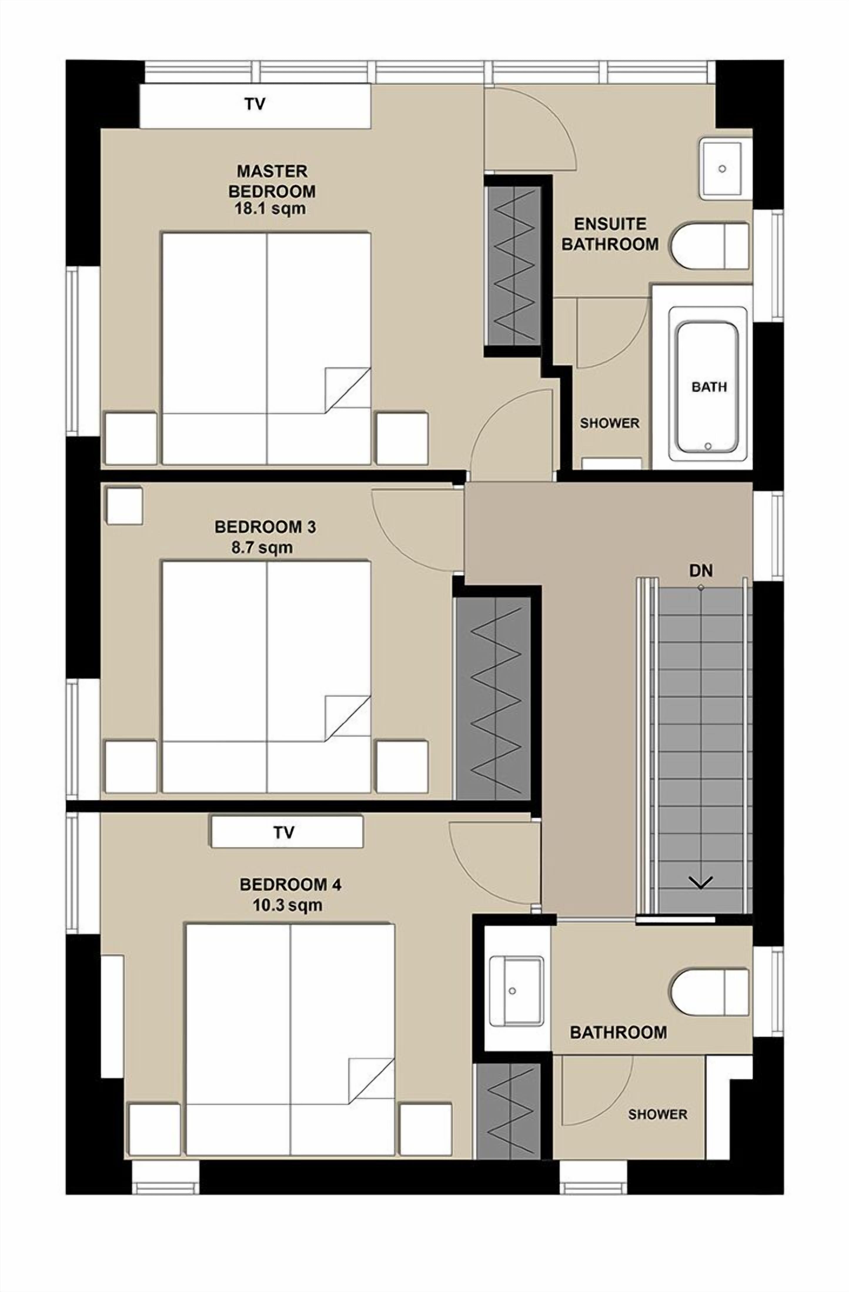 A floor plan with a master bedroom (18.1 sqm), three other bedrooms (8.7 sqm, 10.3 sqm), ensuite bathroom, and a DN.