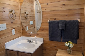 A wooden-paneled bathroom with a white sink, a mirror, and a towel rack. - All the amenities you need for R&R and/or fun, can sleep 18, Game Room. (gatlinburg)