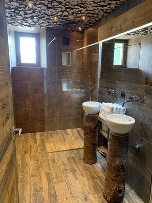 Regadera, secadora de cabello, papel de baño 