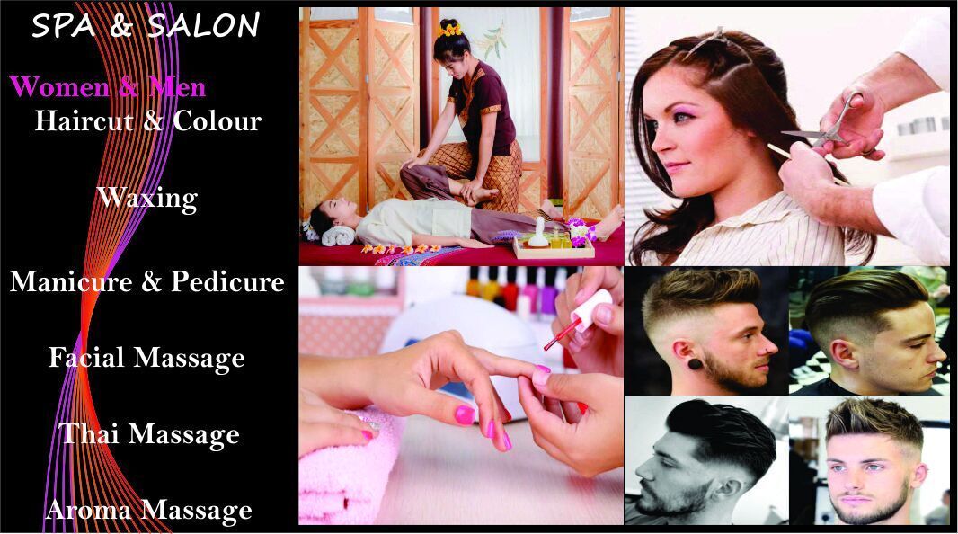 Un montaje de diversos servicios de spa y salón de belleza, incluyendo cortes de cabello, manicuras y masajes.