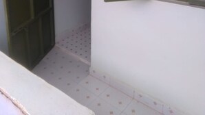 A room with a tiled floor, a door with a metal frame, and a window with a green frame.