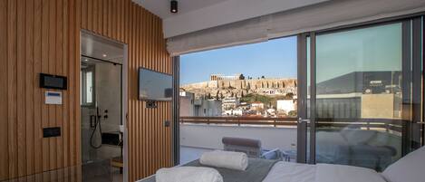 A modern hotel room with a wooden panel wall, a large bed with white linens, a glass shower enclosure, and a balcony with a view of a historic hill.