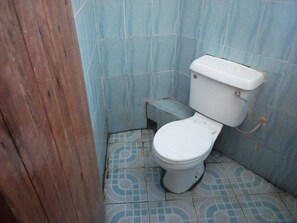 A small, compact bathroom with a toilet, a wooden door, and blue tiled walls and floor. - Pretoria Hotel (Kitui)
