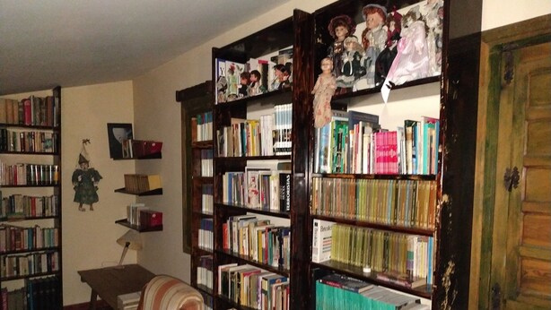 A cozy living room with a striped armchair, a bookshelf filled with books, and a small table. - La Casa del Miedo (San Martin de Montalban)