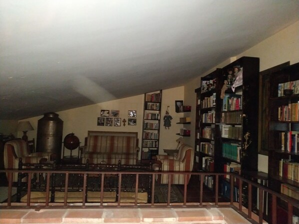 Una sala de estar acogedora con chimenea, una amplia estantería y un rincón de descanso confortable.