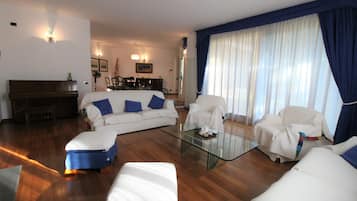 Télévision, cheminée, table de tennis de table, livres