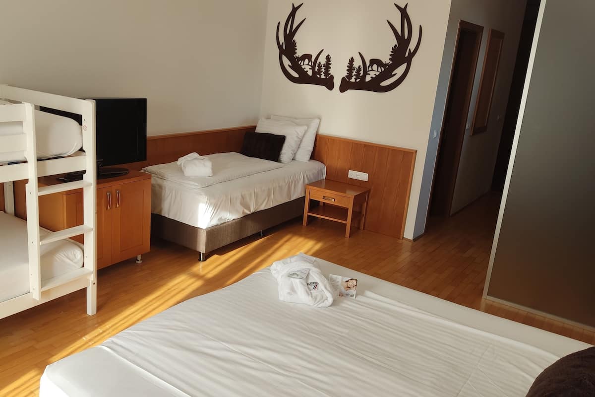 Ett hotellrum med en våningssäng, en enkelsäng, ett nattduksbord i trä, en tv och en väggdekor i form av ett hjorthorn.