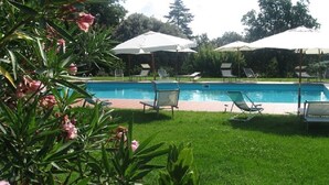 Une piscine entourée de verdure et d’arbres, avec des chaises longues et des parasols.