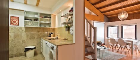 Fridge, microwave, dishwasher, dining tables
