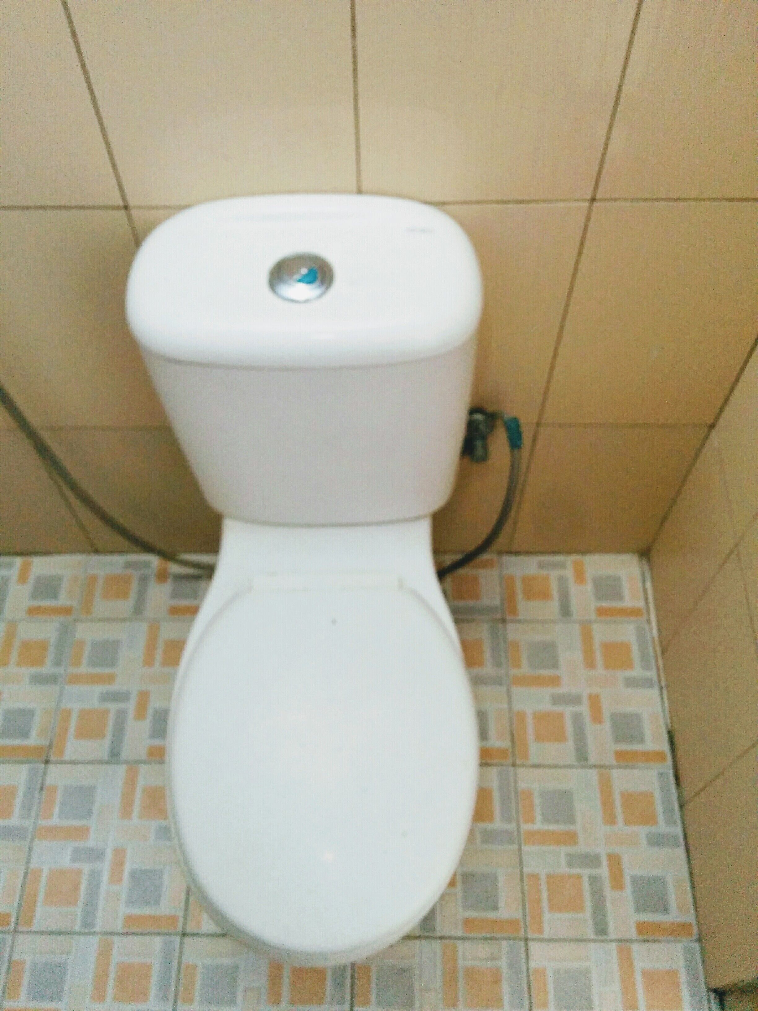 Inodoro con botón de descarga y conexión de tubería visible en la pared.