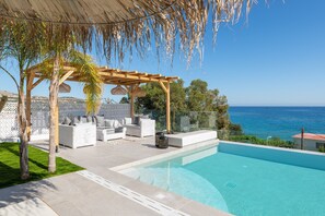 Seasonal outdoor pool, pool umbrellas, pool loungers