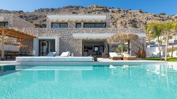 Seasonal outdoor pool, pool umbrellas, pool loungers