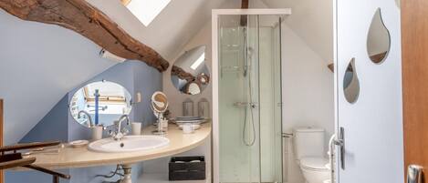 Une salle de bain moderne dotée d’un puits de lumière, d’une douche en verre et d’un meuble-lavabo avec un évier et des miroirs.