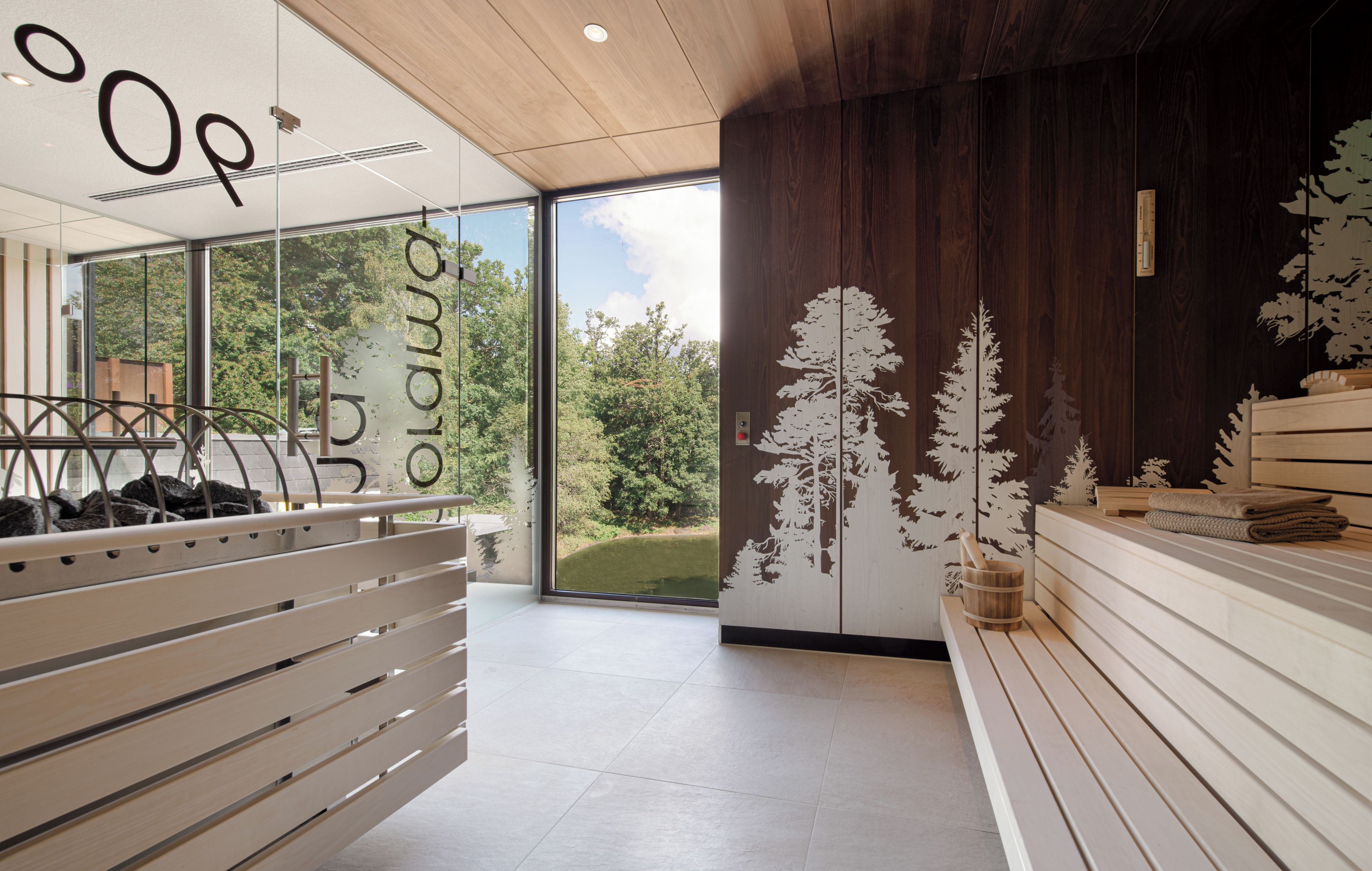 A modern interior with a wooden ceiling, a glass door leading outside, and a wall with a tree decal.