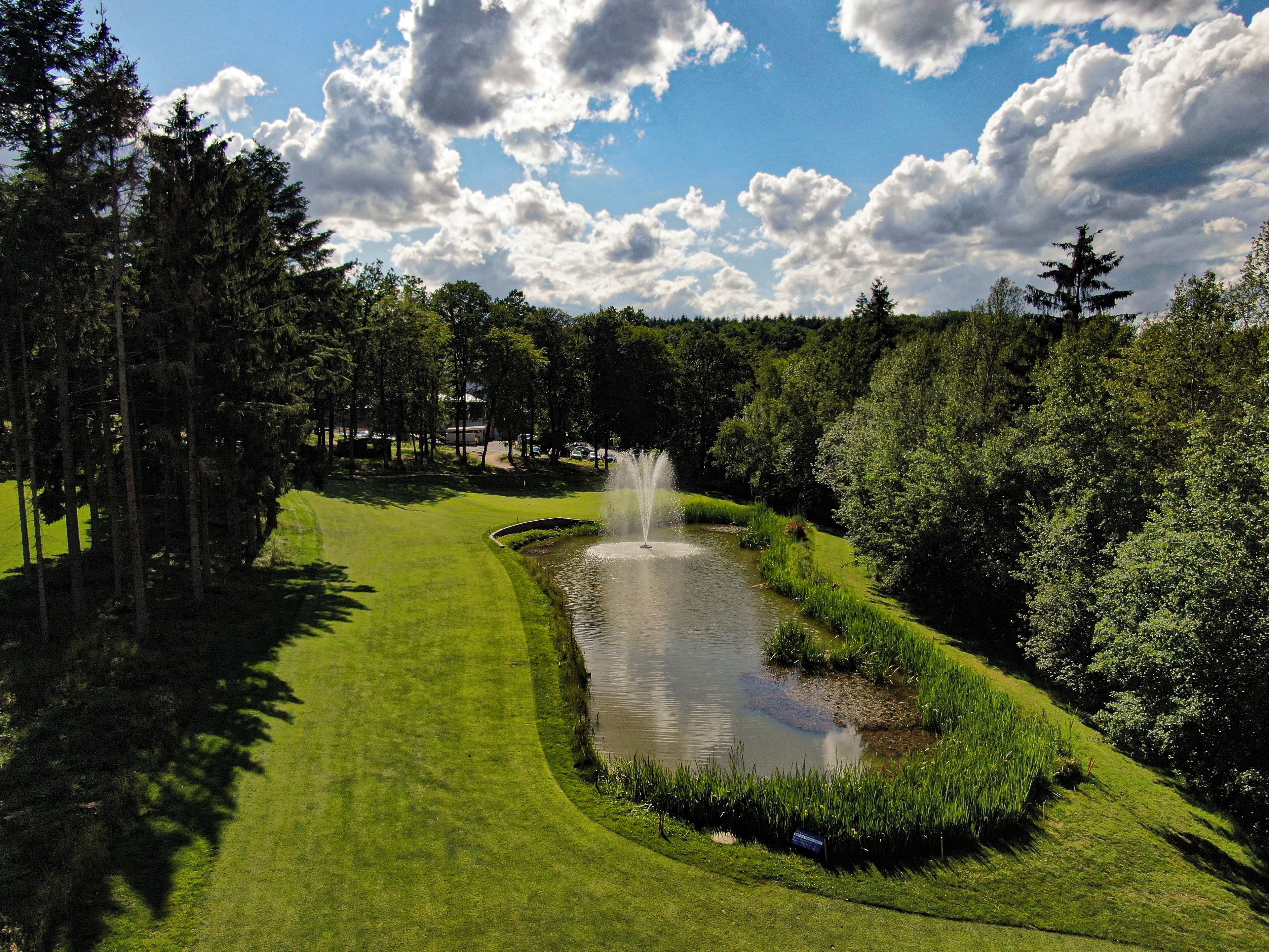 A landscaped garden with a fountain, surrounded by trees and a well-maintained lawn.